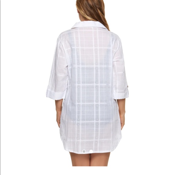Dotti On Island Time Button Up Cover Up Shirt Dress gray white vertical stripe L - Picture 3 of 14